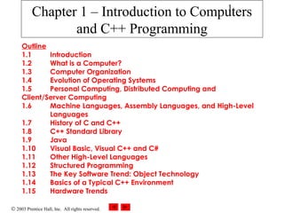1
          Chapter 1 – Introduction to Computers
                 and C++ Programming
     Outline
     1.1     Introduction
     1.2     What is a Computer?
     1.3     Computer Organization
     1.4     Evolution of Operating Systems
     1.5     Personal Computing, Distributed Computing and
     Client/Server Computing
     1.6     Machine Languages, Assembly Languages, and High-Level
             Languages
     1.7     History of C and C++
     1.8     C++ Standard Library
     1.9     Java
     1.10    Visual Basic, Visual C++ and C#
     1.11    Other High-Level Languages
     1.12    Structured Programming
     1.13    The Key Software Trend: Object Technology
     1.14    Basics of a Typical C++ Environment
     1.15    Hardware Trends

© 2003 Prentice Hall, Inc. All rights reserved.
 