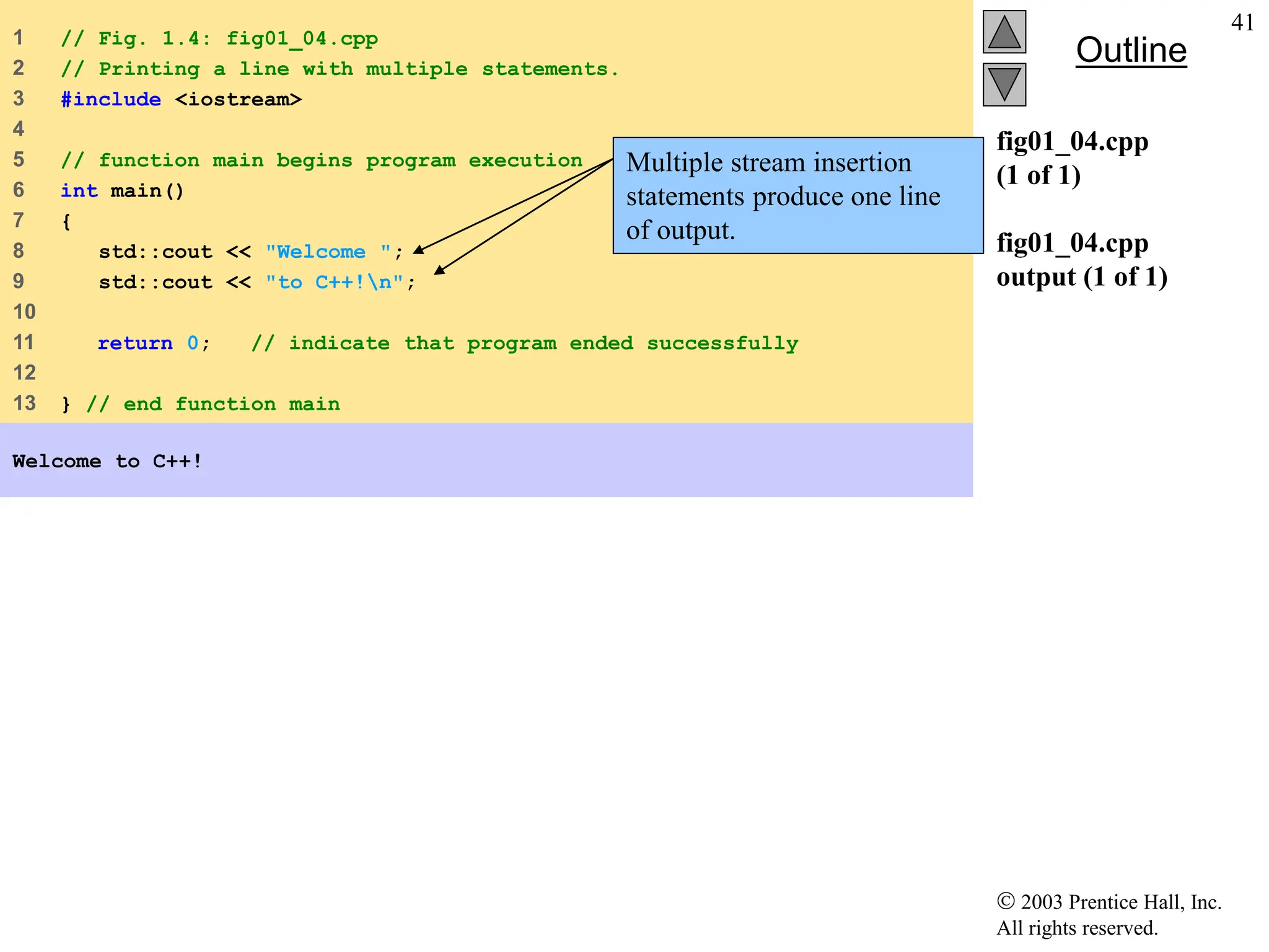  2003 Prentice Hall, Inc.
All rights reserved.
Outline
41
fig01_04.cpp
(1 of 1)
fig01_04.cpp
output (1 of 1)
1 // Fig. 1.4: fig01_04.cpp
2 // Printing a line with multiple statements.
3 #include <iostream>
4
5 // function main begins program execution
6 int main()
7 {
8 std::cout << "Welcome ";
9 std::cout << "to C++!n";
10
11 return 0; // indicate that program ended successfully
12
13 } // end function main
Welcome to C++!
Multiple stream insertion
statements produce one line
of output.
 