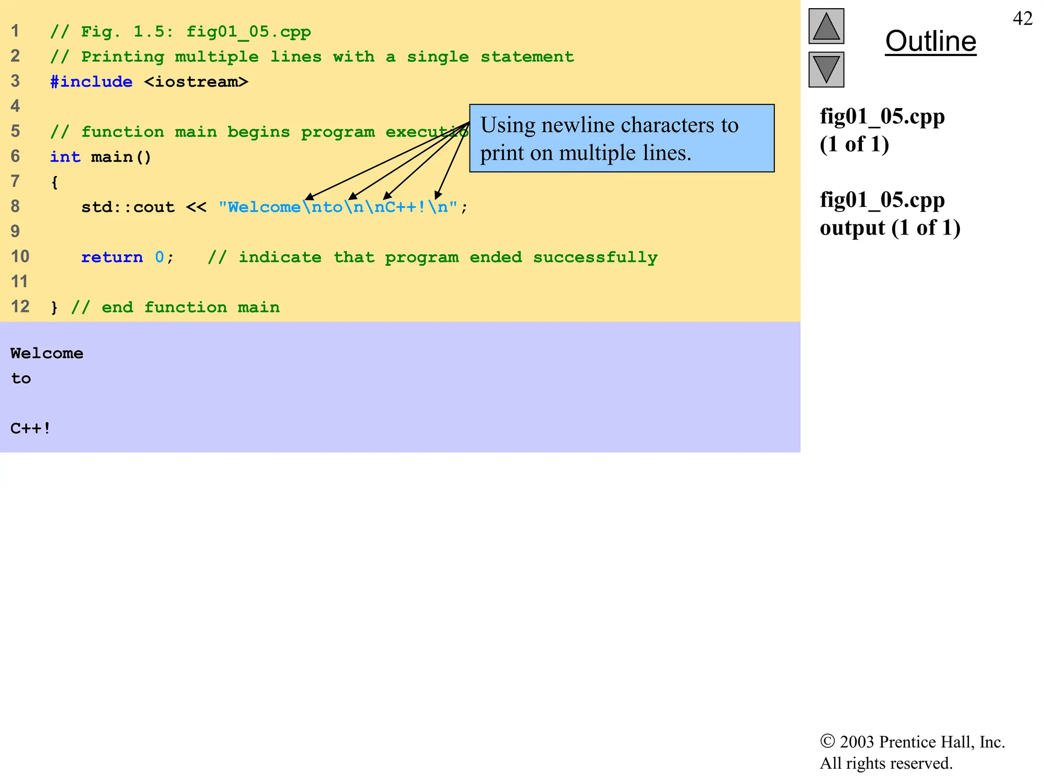  2003 Prentice Hall, Inc.
All rights reserved.
Outline
42
fig01_05.cpp
(1 of 1)
fig01_05.cpp
output (1 of 1)
1 // Fig. 1.5: fig01_05.cpp
2 // Printing multiple lines with a single statement
3 #include <iostream>
4
5 // function main begins program execution
6 int main()
7 {
8 std::cout << "WelcomentonnC++!n";
9
10 return 0; // indicate that program ended successfully
11
12 } // end function main
Welcome
to
C++!
Using newline characters to
print on multiple lines.
 