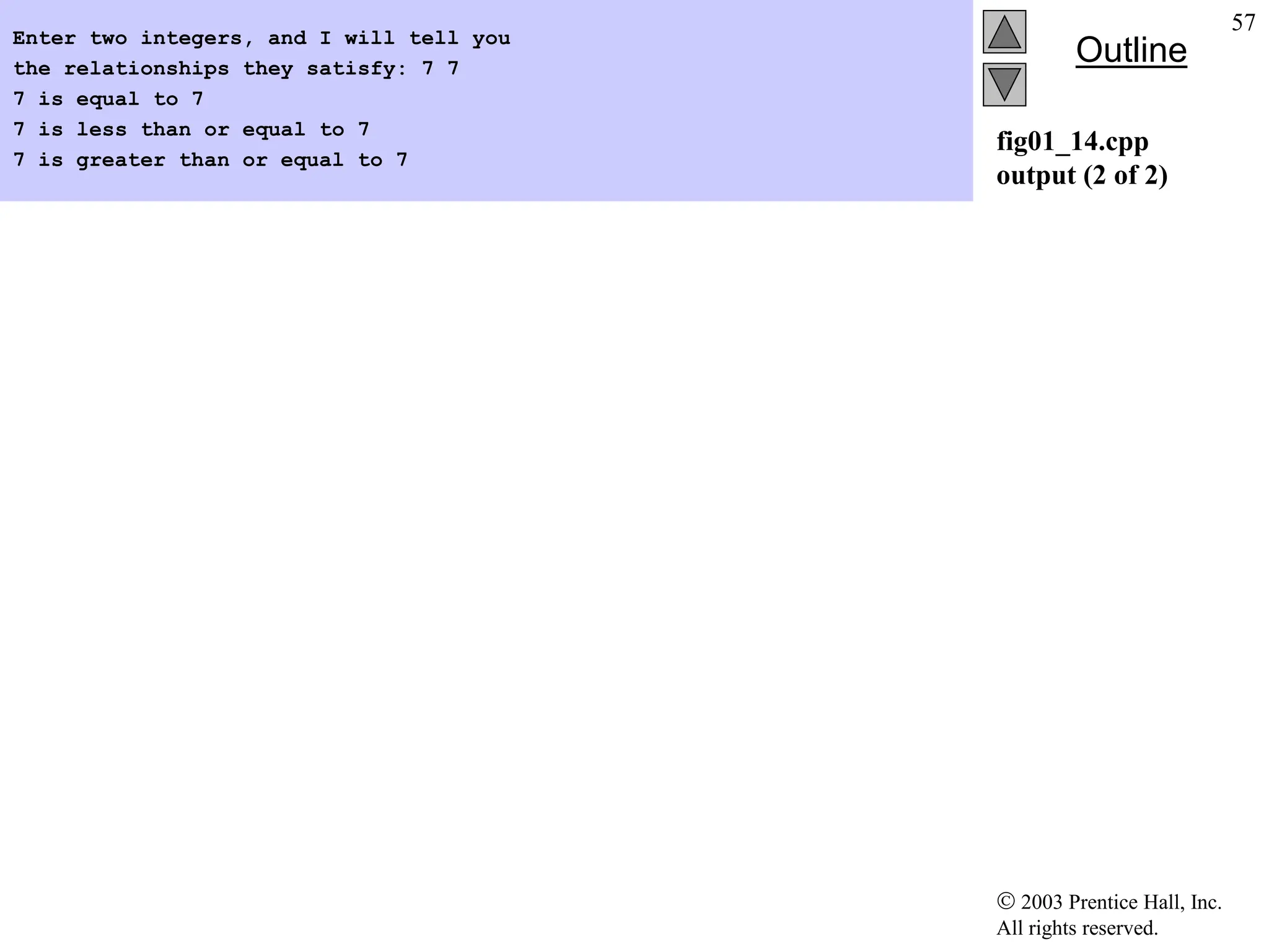  2003 Prentice Hall, Inc.
All rights reserved.
Outline
57
fig01_14.cpp
output (2 of 2)
Enter two integers, and I will tell you
the relationships they satisfy: 7 7
7 is equal to 7
7 is less than or equal to 7
7 is greater than or equal to 7
 