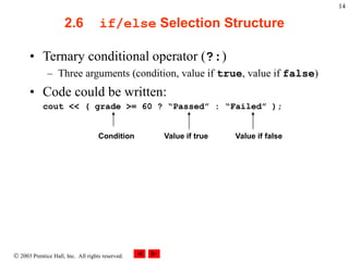  2003 Prentice Hall, Inc. All rights reserved.
14
2.6 if/else Selection Structure
• Ternary conditional operator (?:)
– Three arguments (condition, value if true, value if false)
• Code could be written:
cout << ( grade >= 60 ? “Passed” : “Failed” );
Condition Value if true Value if false
 