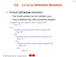  2003 Prentice Hall, Inc. All rights reserved.
16
2.6 if/else Selection Structure
• Nested if/else structures
– One inside another, test for multiple cases
– Once condition met, other statements skipped
if student’s grade is greater than or equal to 90
Print “A”
else
if student’s grade is greater than or equal to 80
Print “B”
else
if student’s grade is greater than or equal to 70
Print “C”
else
if student’s grade is greater than or equal to 60
Print “D”
else
Print “F”
 