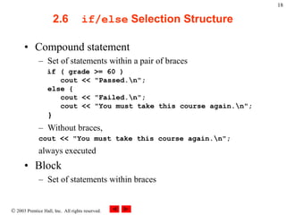  2003 Prentice Hall, Inc. All rights reserved.
18
2.6 if/else Selection Structure
• Compound statement
– Set of statements within a pair of braces
if ( grade >= 60 )
cout << "Passed.n";
else {
cout << "Failed.n";
cout << "You must take this course again.n";
}
– Without braces,
cout << "You must take this course again.n";
always executed
• Block
– Set of statements within braces
 