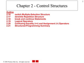  2003 Prentice Hall, Inc. All rights reserved.
2
Chapter 2 - Control Structures
Outline
2.16 switch Multiple-Selection Structure
2.17 do/while Repetition Structure
2.18 break and continue Statements
2.19 Logical Operators
2.20 Confusing Equality (==) and Assignment (=) Operators
2.21 Structured-Programming Summary
 