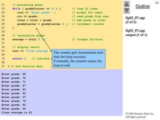  2003 Prentice Hall, Inc.
All rights reserved.
Outline
24
fig02_07.cpp
(2 of 2)
fig02_07.cpp
output (1 of 1)
21 // processing phase
22 while ( gradeCounter <= 10 ) { // loop 10 times
23 cout << "Enter grade: "; // prompt for input
24 cin >> grade; // read grade from user
25 total = total + grade; // add grade to total
26 gradeCounter = gradeCounter + 1; // increment counter
27 }
28
29 // termination phase
30 average = total / 10; // integer division
31
32 // display result
33 cout << "Class average is " << average << endl;
34
35 return 0; // indicate program ended successfully
36
37 } // end function main
Enter grade: 98
Enter grade: 76
Enter grade: 71
Enter grade: 87
Enter grade: 83
Enter grade: 90
Enter grade: 57
Enter grade: 79
Enter grade: 82
Enter grade: 94
Class average is 81
The counter gets incremented each
time the loop executes.
Eventually, the counter causes the
loop to end.
 