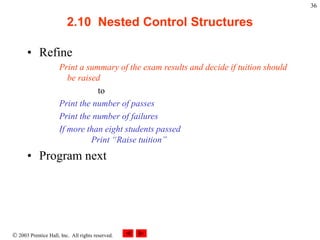  2003 Prentice Hall, Inc. All rights reserved.
36
2.10 Nested Control Structures
• Refine
Print a summary of the exam results and decide if tuition should
be raised
to
Print the number of passes
Print the number of failures
If more than eight students passed
Print “Raise tuition”
• Program next
 