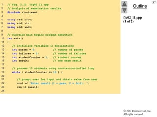  2003 Prentice Hall, Inc.
All rights reserved.
Outline
37
fig02_11.cpp
(1 of 2)
1 // Fig. 2.11: fig02_11.cpp
2 // Analysis of examination results.
3 #include <iostream>
4
5 using std::cout;
6 using std::cin;
7 using std::endl;
8
9 // function main begins program execution
10 int main()
11 {
12 // initialize variables in declarations
13 int passes = 0; // number of passes
14 int failures = 0; // number of failures
15 int studentCounter = 1; // student counter
16 int result; // one exam result
17
18 // process 10 students using counter-controlled loop
19 while ( studentCounter <= 10 ) {
20
21 // prompt user for input and obtain value from user
22 cout << "Enter result (1 = pass, 2 = fail): ";
23 cin >> result;
24
 
