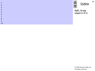  2003 Prentice Hall, Inc.
All rights reserved.
Outline
50
fig02_16.cpp
output (1 of 1)
1
2
3
4
5
6
7
8
9
10
 