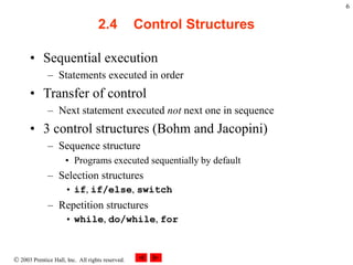  2003 Prentice Hall, Inc. All rights reserved.
6
2.4 Control Structures
• Sequential execution
– Statements executed in order
• Transfer of control
– Next statement executed not next one in sequence
• 3 control structures (Bohm and Jacopini)
– Sequence structure
• Programs executed sequentially by default
– Selection structures
• if, if/else, switch
– Repetition structures
• while, do/while, for
 