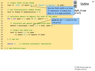  2003 Prentice Hall, Inc.
All rights reserved.
Outline
60
fig02_21.cpp
(2 of 2)
24 // output table column heads
25 cout << "Year" << setw( 21 ) << "Amount on deposit" << endl;
26
27 // set floating-point number format
28 cout << fixed << setprecision( 2 );
29
30 // calculate amount on deposit for each of ten years
31 for ( int year = 1; year <= 10; year++ ) {
32
33 // calculate new amount for specified year
34 amount = principal * pow( 1.0 + rate, year );
35
36 // output one table row
37 cout << setw( 4 ) << year
38 << setw( 21 ) << amount << endl;
39
40 } // end for
41
42 return 0; // indicate successful termination
43
44 } // end function main
pow(x,y) = x raised to the
yth power.
Sets the field width to at least
21 characters. If output less
than 21, it is right-justified.
 