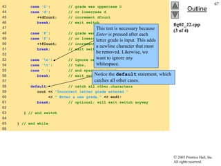  2003 Prentice Hall, Inc.
All rights reserved.
Outline
67
fig02_22.cpp
(3 of 4)
43 case 'D': // grade was uppercase D
44 case 'd': // or lowercase d
45 ++dCount; // increment dCount
46 break; // exit switch
47
48 case 'F': // grade was uppercase F
49 case 'f': // or lowercase f
50 ++fCount; // increment fCount
51 break; // exit switch
52
53 case 'n': // ignore newlines,
54 case 't': // tabs,
55 case ' ': // and spaces in input
56 break; // exit switch
57
58 default: // catch all other characters
59 cout << "Incorrect letter grade entered."
60 << " Enter a new grade." << endl;
61 break; // optional; will exit switch anyway
62
63 } // end switch
64
65 } // end while
66
Notice the default statement, which
catches all other cases.
This test is necessary because
Enter is pressed after each
letter grade is input. This adds
a newline character that must
be removed. Likewise, we
want to ignore any
whitespace.
 