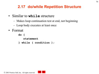  2003 Prentice Hall, Inc. All rights reserved.
70
2.17 do/while Repetition Structure
• Similar to while structure
– Makes loop continuation test at end, not beginning
– Loop body executes at least once
• Format
do {
statement
} while ( condition );
 