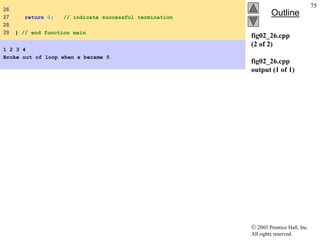  2003 Prentice Hall, Inc.
All rights reserved.
Outline
75
fig02_26.cpp
(2 of 2)
fig02_26.cpp
output (1 of 1)
26
27 return 0; // indicate successful termination
28
29 } // end function main
1 2 3 4
Broke out of loop when x became 5
 