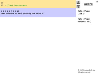  2003 Prentice Hall, Inc.
All rights reserved.
Outline
78
fig02_27.cpp
(2 of 2)
fig02_27.cpp
output (1 of 1)
26
27 } // end function main
1 2 3 4 6 7 8 9 10
Used continue to skip printing the value 5
 