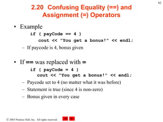  2003 Prentice Hall, Inc. All rights reserved.
82
2.20 Confusing Equality (==) and
Assignment (=) Operators
• Example
if ( payCode == 4 )
cout << "You get a bonus!" << endl;
– If paycode is 4, bonus given
• If == was replaced with =
if ( payCode = 4 )
cout << "You get a bonus!" << endl;
– Paycode set to 4 (no matter what it was before)
– Statement is true (since 4 is non-zero)
– Bonus given in every case
 
