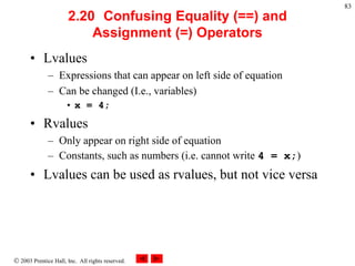  2003 Prentice Hall, Inc. All rights reserved.
83
2.20 Confusing Equality (==) and
Assignment (=) Operators
• Lvalues
– Expressions that can appear on left side of equation
– Can be changed (I.e., variables)
• x = 4;
• Rvalues
– Only appear on right side of equation
– Constants, such as numbers (i.e. cannot write 4 = x;)
• Lvalues can be used as rvalues, but not vice versa
 