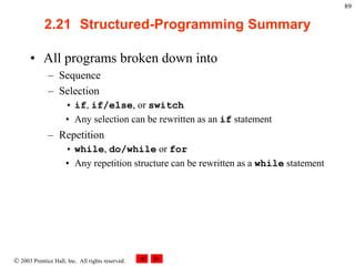  2003 Prentice Hall, Inc. All rights reserved.
89
2.21 Structured-Programming Summary
• All programs broken down into
– Sequence
– Selection
• if, if/else, or switch
• Any selection can be rewritten as an if statement
– Repetition
• while, do/while or for
• Any repetition structure can be rewritten as a while statement
 