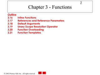 © 2003 Prentice Hall, Inc. All rights reserved.
2
Chapter 3 - Functions
Outline
3.16 Inline Functions
3.17 References and Reference Parameters
3.18 Default Arguments
3.19 Unary Scope Resolution Operator
3.20 Function Overloading
3.21 Function Templates
 
