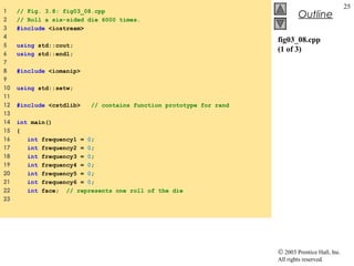 © 2003 Prentice Hall, Inc.
All rights reserved.
Outline
25
fig03_08.cpp
(1 of 3)
1 // Fig. 3.8: fig03_08.cpp
2 // Roll a six-sided die 6000 times.
3 #include <iostream>
4
5 using std::cout;
6 using std::endl;
7
8 #include <iomanip>
9
10 using std::setw;
11
12 #include <cstdlib> // contains function prototype for rand
13
14 int main()
15 {
16 int frequency1 = 0;
17 int frequency2 = 0;
18 int frequency3 = 0;
19 int frequency4 = 0;
20 int frequency5 = 0;
21 int frequency6 = 0;
22 int face; // represents one roll of the die
23
 