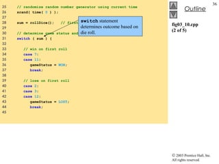 © 2003 Prentice Hall, Inc.
All rights reserved.
Outline
36
fig03_10.cpp
(2 of 5)
25 // randomize random number generator using current time
26 srand( time( 0 ) );
27
28 sum = rollDice(); // first roll of the dice
29
30 // determine game status and point based on sum of dice
31 switch ( sum ) {
32
33 // win on first roll
34 case 7:
35 case 11:
36 gameStatus = WON;
37 break;
38
39 // lose on first roll
40 case 2:
41 case 3:
42 case 12:
43 gameStatus = LOST;
44 break;
45
switch statement
determines outcome based on
die roll.
 