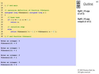 © 2003 Prentice Hall, Inc.
All rights reserved.
Outline
60
fig03_15.cpp
(2 of 2)
fig03_15.cpp
output (1 of 2)
26
27 } // end main
28
29 // recursive definition of function fibonacci
30 unsigned long fibonacci( unsigned long n )
31 {
32 // base case
33 if ( n == 0 || n == 1 )
34 return n;
35
36 // recursive step
37 else
38 return fibonacci( n - 1 ) + fibonacci( n - 2 );
39
40 } // end function fibonacci
Enter an integer: 0
Fibonacci(0) = 0
Enter an integer: 1
Fibonacci(1) = 1
Enter an integer: 2
Fibonacci(2) = 1
Enter an integer: 3
Fibonacci(3) = 2
 