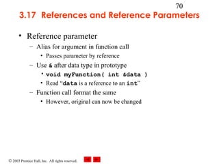 © 2003 Prentice Hall, Inc. All rights reserved.
70
3.17 References and Reference Parameters
• Reference parameter
– Alias for argument in function call
• Passes parameter by reference
– Use & after data type in prototype
• void myFunction( int &data )
• Read “data is a reference to an int”
– Function call format the same
• However, original can now be changed
 