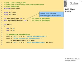 © 2003 Prentice Hall, Inc.
All rights reserved.
Outline
71
fig03_20.cpp
(1 of 2)
1 // Fig. 3.20: fig03_20.cpp
2 // Comparing pass-by-value and pass-by-reference
3 // with references.
4 #include <iostream>
5
6 using std::cout;
7 using std::endl;
8
9 int squareByValue( int ); // function prototype
10 void squareByReference( int & ); // function prototype
11
12 int main()
13 {
14 int x = 2;
15 int z = 4;
16
17 // demonstrate squareByValue
18 cout << "x = " << x << " before squareByValuen";
19 cout << "Value returned by squareByValue: "
20 << squareByValue( x ) << endl;
21 cout << "x = " << x << " after squareByValuen" << endl;
22
Notice the & operator,
indicating pass-by-reference.
 