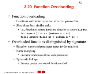 © 2003 Prentice Hall, Inc. All rights reserved.
83
3.20 Function Overloading
• Function overloading
– Functions with same name and different parameters
– Should perform similar tasks
• I.e., function to square ints and function to square floats
int square( int x) {return x * x;}
float square(float x) { return x * x; }
• Overloaded functions distinguished by signature
– Based on name and parameter types (order matters)
– Name mangling
• Encodes function identifier with parameters
– Type-safe linkage
• Ensures proper overloaded function called
 