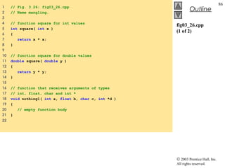 © 2003 Prentice Hall, Inc.
All rights reserved.
Outline
86
fig03_26.cpp
(1 of 2)
1 // Fig. 3.26: fig03_26.cpp
2 // Name mangling.
3
4 // function square for int values
5 int square( int x )
6 {
7 return x * x;
8 }
9
10 // function square for double values
11 double square( double y )
12 {
13 return y * y;
14 }
15
16 // function that receives arguments of types
17 // int, float, char and int *
18 void nothing1( int a, float b, char c, int *d )
19 {
20 // empty function body
21 }
22
 