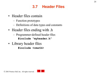  2003 Prentice Hall, Inc. All rights reserved.
20
3.7 Header Files
• Header files contain
– Function prototypes
– Definitions of data types and constants
• Header files ending with .h
– Programmer-defined header files
#include “myheader.h”
• Library header files
#include <cmath>
 