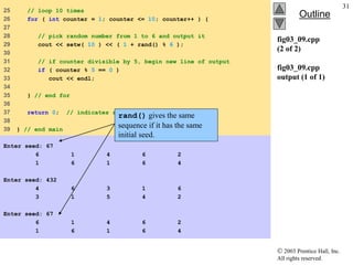  2003 Prentice Hall, Inc.
All rights reserved.
Outline
31
fig03_09.cpp
(2 of 2)
fig03_09.cpp
output (1 of 1)
25 // loop 10 times
26 for ( int counter = 1; counter <= 10; counter++ ) {
27
28 // pick random number from 1 to 6 and output it
29 cout << setw( 10 ) << ( 1 + rand() % 6 );
30
31 // if counter divisible by 5, begin new line of output
32 if ( counter % 5 == 0 )
33 cout << endl;
34
35 } // end for
36
37 return 0; // indicates successful termination
38
39 } // end main
Enter seed: 67
6 1 4 6 2
1 6 1 6 4
Enter seed: 432
4 6 3 1 6
3 1 5 4 2
Enter seed: 67
6 1 4 6 2
1 6 1 6 4
rand() gives the same
sequence if it has the same
initial seed.
 