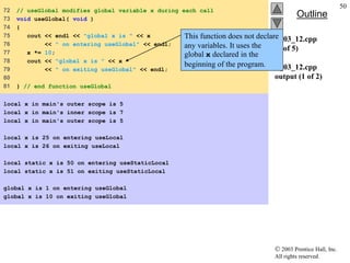  2003 Prentice Hall, Inc.
All rights reserved.
Outline
50
fig03_12.cpp
(5 of 5)
fig03_12.cpp
output (1 of 2)
72 // useGlobal modifies global variable x during each call
73 void useGlobal( void )
74 {
75 cout << endl << "global x is " << x
76 << " on entering useGlobal" << endl;
77 x *= 10;
78 cout << "global x is " << x
79 << " on exiting useGlobal" << endl;
80
81 } // end function useGlobal
local x in main's outer scope is 5
local x in main's inner scope is 7
local x in main's outer scope is 5
local x is 25 on entering useLocal
local x is 26 on exiting useLocal
local static x is 50 on entering useStaticLocal
local static x is 51 on exiting useStaticLocal
global x is 1 on entering useGlobal
global x is 10 on exiting useGlobal
This function does not declare
any variables. It uses the
global x declared in the
beginning of the program.
 