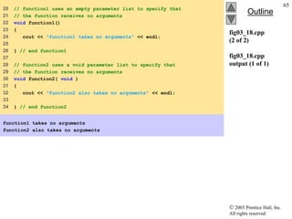  2003 Prentice Hall, Inc.
All rights reserved.
Outline
65
fig03_18.cpp
(2 of 2)
fig03_18.cpp
output (1 of 1)
20 // function1 uses an empty parameter list to specify that
21 // the function receives no arguments
22 void function1()
23 {
24 cout << "function1 takes no arguments" << endl;
25
26 } // end function1
27
28 // function2 uses a void parameter list to specify that
29 // the function receives no arguments
30 void function2( void )
31 {
32 cout << "function2 also takes no arguments" << endl;
33
34 } // end function2
function1 takes no arguments
function2 also takes no arguments
 
