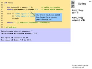  2003 Prentice Hall, Inc.
All rights reserved.
Outline
85
fig03_25.cpp
(2 of 2)
fig03_25.cpp
output (1 of 1)
24 int main()
25 {
26 int intResult = square( 7 ); // calls int version
27 double doubleResult = square( 7.5 ); // calls double version
28
29 cout << "nThe square of integer 7 is " << intResult
30 << "nThe square of double 7.5 is " << doubleResult
31 << endl;
32
33 return 0; // indicates successful termination
34
35 } // end main
Called square with int argument: 7
Called square with double argument: 7.5
The square of integer 7 is 49
The square of double 7.5 is 56.25
The proper function is called
based upon the argument
(int or double).
 