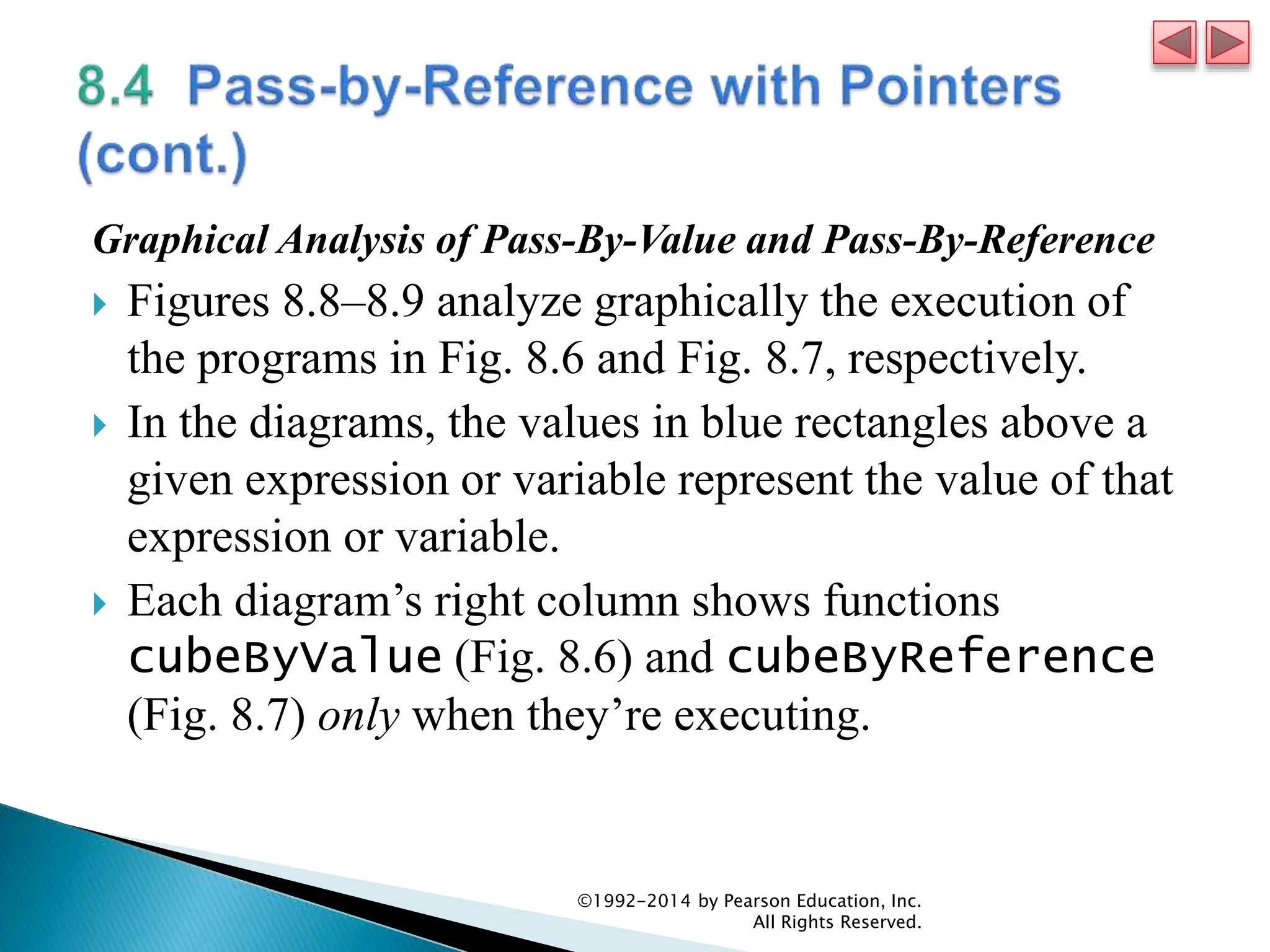 Graphical Analysis of Pass-By-Value and Pass-By-Reference
 Figures 8.8–8.9 analyze graphically the execution of
the programs in Fig. 8.6 and Fig. 8.7, respectively.
 In the diagrams, the values in blue rectangles above a
given expression or variable represent the value of that
expression or variable.
 Each diagram’s right column shows functions
cubeByValue (Fig. 8.6) and cubeByReference
(Fig. 8.7) only when they’re executing.
©1992-2014 by Pearson Education, Inc.
All Rights Reserved.
 