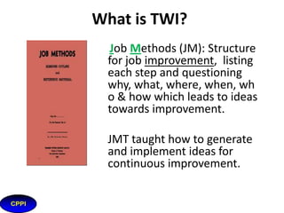 What is TWI?

(LEAN)
(SIX SIGMA)

Job Instruction (JI): Structure
for effective training, to
eliminate the waste caused
by varied work practices.
JIT taught supervisors the
importance of proper training
for their workforce and how
to provide this training.
Job instruction is the way to get a person to quickly
remember how to do a job; Correctly, Safely & Conscientiously.

 