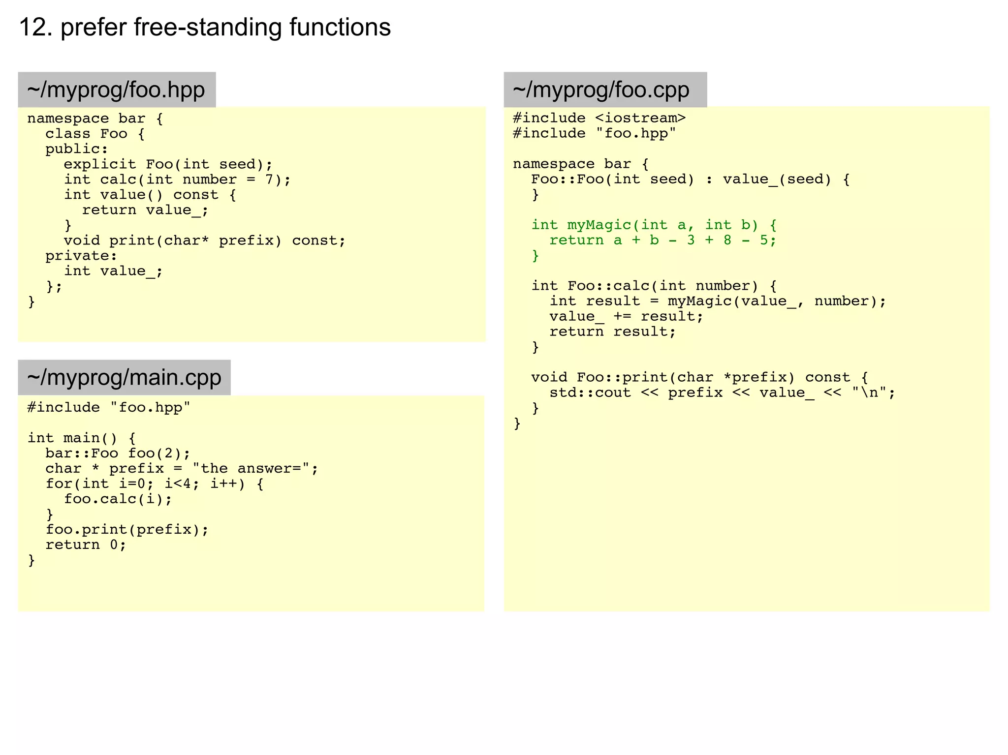 12. prefer free-standing functions

~/myprog/foo.hpp                       ~/myprog/foo.cpp
namespace bar {                        #include <iostream>
  class Foo {                          #include "foo.hpp"
  public:
     explicit Foo(int seed);           namespace bar {
     int calc(int number = 7);           Foo::Foo(int seed) : value_(seed) {
     int value() const {                 }
       return value_;
     }                                     int myMagic(int a, int b) {
     void print(char* prefix) const;         return a + b - 3 + 8 - 5;
  private:                                 }
     int value_;
  };                                       int Foo::calc(int number) {
}                                            int result = myMagic(value_, number);
                                             value_ += result;
                                             return result;
                                           }

~/myprog/main.cpp                          void Foo::print(char *prefix) const {
                                             std::cout << prefix << value_ << "n";
#include "foo.hpp"                         }
                                       }
int main() {
  bar::Foo foo(2);
  char * prefix = "the answer=";
  for(int i=0; i<4; i++) {
    foo.calc(i);
  }
  foo.print(prefix);
  return 0;
}
 