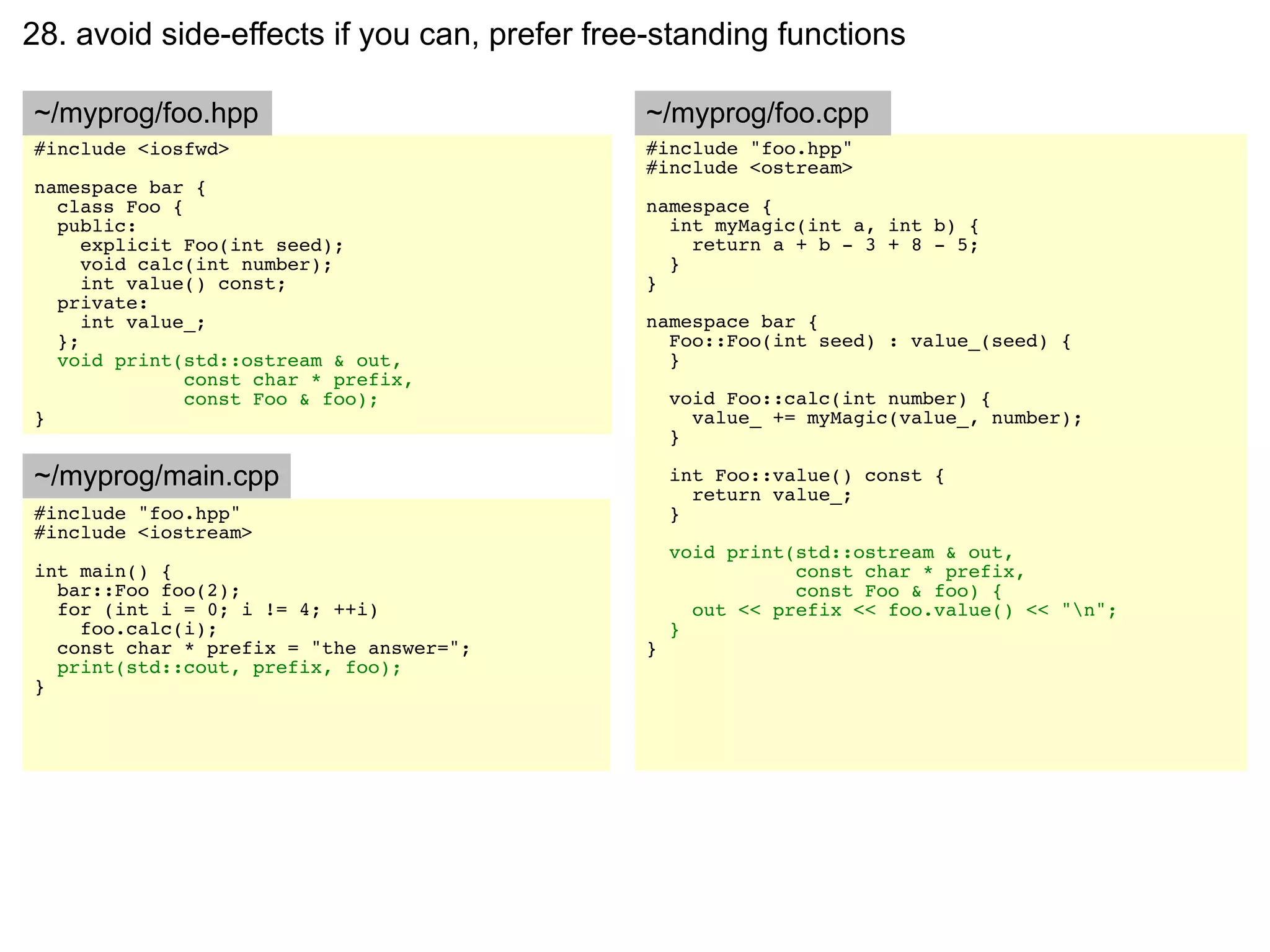 28. avoid side-effects if you can, prefer free-standing functions

~/myprog/foo.hpp                             ~/myprog/foo.cpp
#include <iosfwd>                            #include "foo.hpp"
                                             #include <ostream>
namespace bar {
  class Foo {                                namespace {
  public:                                      int myMagic(int a, int b) {
     explicit Foo(int seed);                     return a + b - 3 + 8 - 5;
     void calc(int number);                    }
     int value() const;                      }
  private:
     int value_;                             namespace bar {
  };                                           Foo::Foo(int seed) : value_(seed) {
  void print(std::ostream & out,               }
              const char * prefix,
              const Foo & foo);                  void Foo::calc(int number) {
}                                                  value_ += myMagic(value_, number);
                                                 }

~/myprog/main.cpp                                int Foo::value() const {
                                                   return value_;
#include "foo.hpp"                               }
#include <iostream>
                                                 void print(std::ostream & out,
int main() {                                                const char * prefix,
  bar::Foo foo(2);                                          const Foo & foo) {
  for (int i = 0; i != 4; ++i)                     out << prefix << foo.value() << "n";
    foo.calc(i);                                 }
  const char * prefix = "the answer=";       }
  print(std::cout, prefix, foo);
}
 