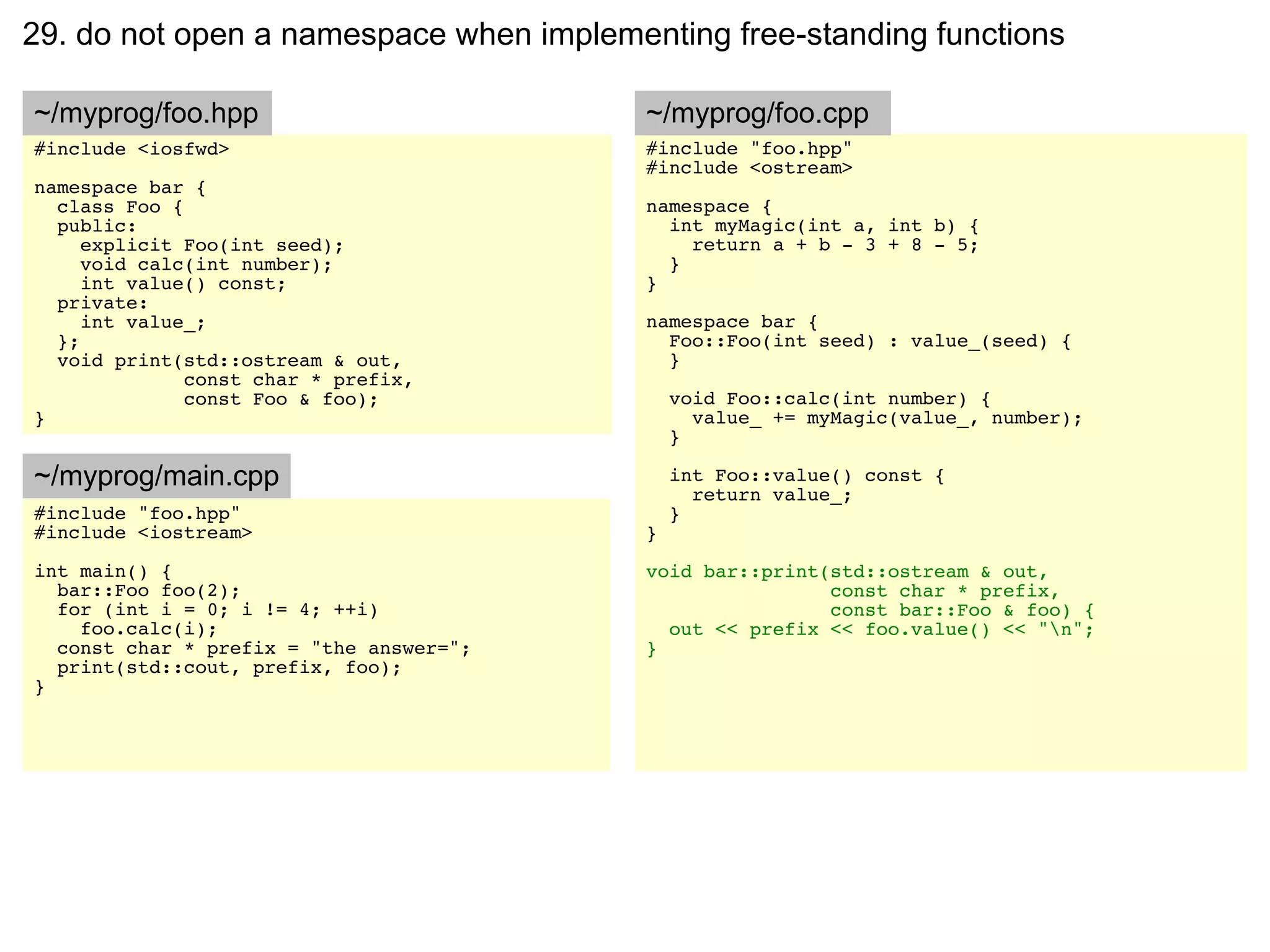 29. do not open a namespace when implementing free-standing functions

~/myprog/foo.hpp                         ~/myprog/foo.cpp
#include <iosfwd>                        #include "foo.hpp"
                                         #include <ostream>
namespace bar {
  class Foo {                            namespace {
  public:                                  int myMagic(int a, int b) {
     explicit Foo(int seed);                 return a + b - 3 + 8 - 5;
     void calc(int number);                }
     int value() const;                  }
  private:
     int value_;                         namespace bar {
  };                                       Foo::Foo(int seed) : value_(seed) {
  void print(std::ostream & out,           }
              const char * prefix,
              const Foo & foo);              void Foo::calc(int number) {
}                                              value_ += myMagic(value_, number);
                                             }

~/myprog/main.cpp                            int Foo::value() const {
                                               return value_;
#include "foo.hpp"                           }
#include <iostream>                      }
int main() {                             void bar::print(std::ostream & out,
  bar::Foo foo(2);                                       const char * prefix,
  for (int i = 0; i != 4; ++i)                           const bar::Foo & foo) {
    foo.calc(i);                           out << prefix << foo.value() << "n";
  const char * prefix = "the answer=";   }
  print(std::cout, prefix, foo);
}
 