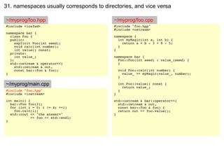 31. namespaces usually corresponds to directories, and vice versa

~/myprog/foo.hpp                          ~/myprog/foo.cpp
#include <iosfwd>                         #include "foo.hpp"
                                          #include <ostream>
namespace bar {
  class Foo {                             namespace {
  public:                                   int myMagic(int a, int b) {
     explicit Foo(int seed);                  return a + b - 3 + 8 - 5;
     void calc(int number);                 }
     int value() const;                   }
  private:
     int value_;                          namespace bar {
  };                                        Foo::Foo(int seed) : value_(seed) {
  std::ostream & operator<<(                }
     std::ostream & out,
     const bar::Foo & foo);                   void Foo::calc(int number) {
}                                               value_ += myMagic(value_, number);
                                              }

~/myprog/main.cpp                             int Foo::value() const {
                                                return value_;
#include "foo.hpp"                            }
#include <iostream>                       }
int main() {                              std::ostream & bar::operator<<(
  bar::Foo foo(2);                          std::ostream & out,
  for (int i = 0; i != 4; ++i)              const bar::Foo & foo) {
    foo.calc(i);                            return out << foo.value();
  std::cout << "the answer="              }
             << foo << std::endl;
}
 