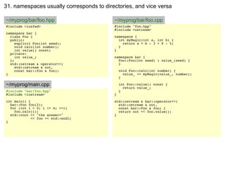 31. namespaces usually corresponds to directories, and vice versa

~/myprog/bar/foo.hpp                      ~/myprog/bar/foo.cpp
#include <iosfwd>                         #include "foo.hpp"
                                          #include <ostream>
namespace bar {
  class Foo {                             namespace {
  public:                                   int myMagic(int a, int b) {
     explicit Foo(int seed);                  return a + b - 3 + 8 - 5;
     void calc(int number);                 }
     int value() const;                   }
  private:
     int value_;                          namespace bar {
  };                                        Foo::Foo(int seed) : value_(seed) {
  std::ostream & operator<<(                }
     std::ostream & out,
     const bar::Foo & foo);                   void Foo::calc(int number) {
}                                               value_ += myMagic(value_, number);
                                              }

~/myprog/main.cpp                             int Foo::value() const {
                                                return value_;
#include "bar/foo.hpp"                        }
#include <iostream>                       }
int main() {                              std::ostream & bar::operator<<(
  bar::Foo foo(2);                          std::ostream & out,
  for (int i = 0; i != 4; ++i)              const bar::Foo & foo) {
    foo.calc(i);                            return out << foo.value();
  std::cout << "the answer="              }
             << foo << std::endl;
}
 