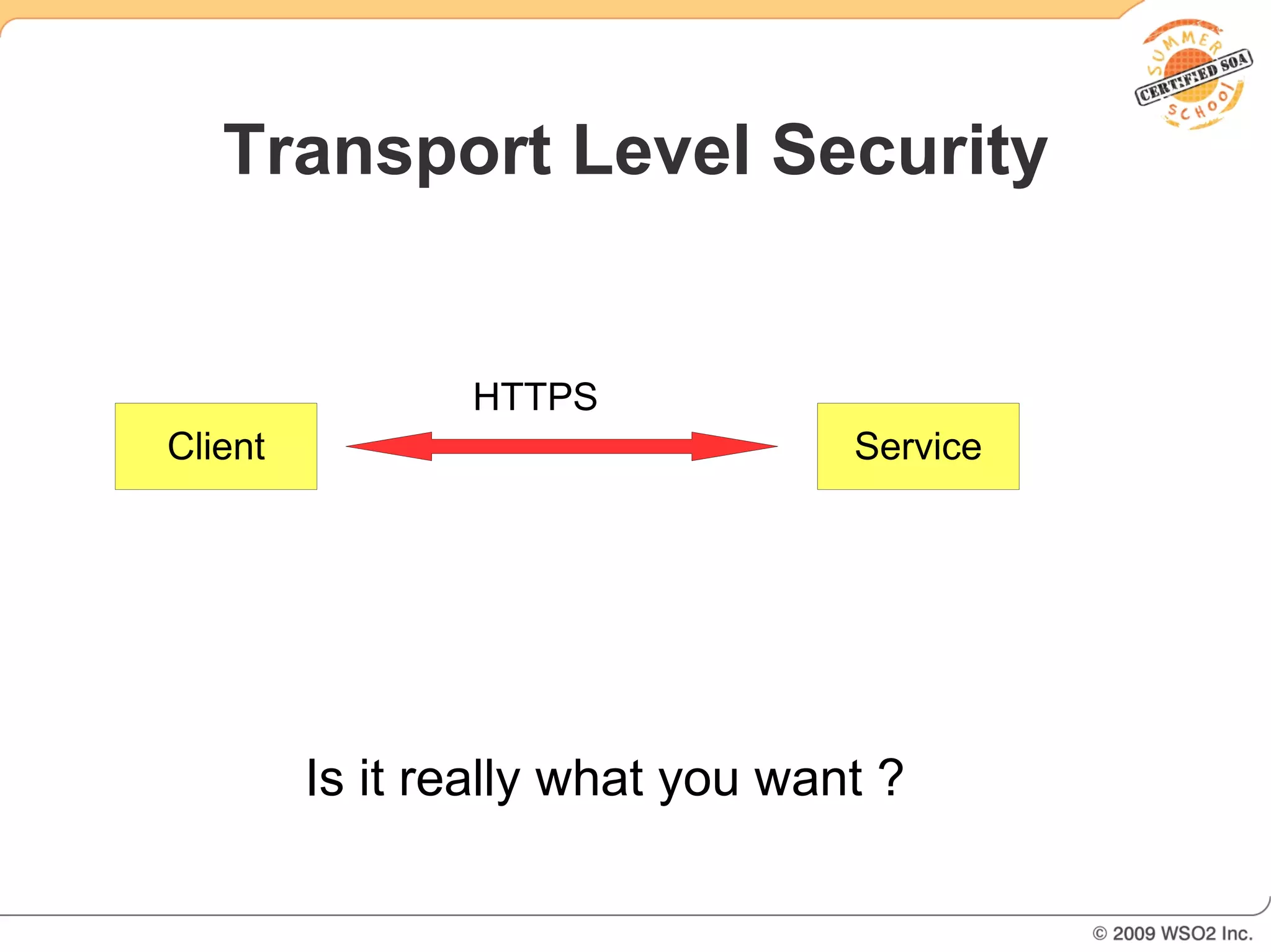 Transport Level Security


                HTTPS
Client                            Service




         Is it really what you want ?
 
