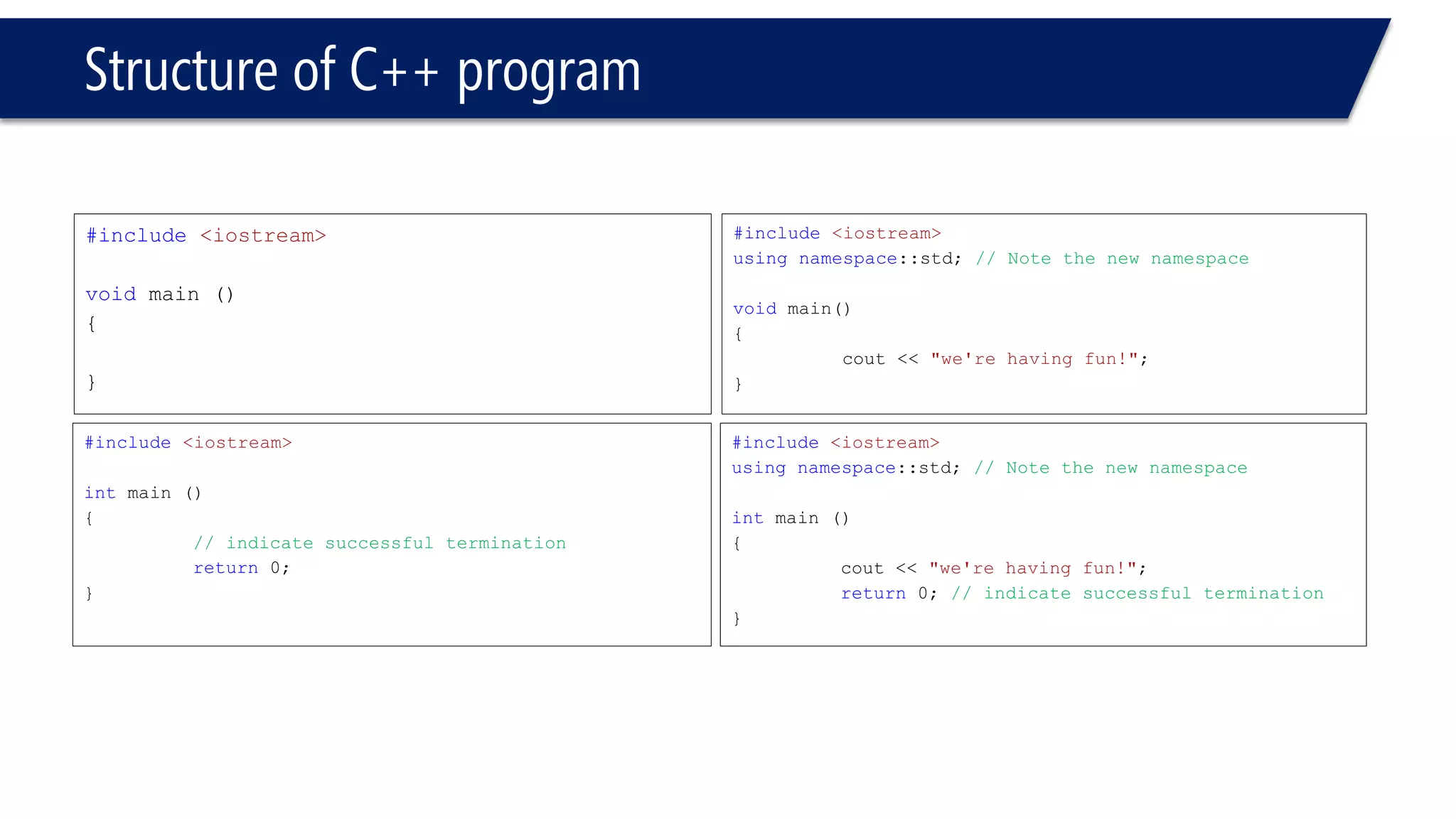 Structure of C++ program 
#include<iostream> 
voidmain () 
{ 
} 
#include<iostream> 
intmain () 
{ 
// indicate successful termination 
return0; 
} 
#include<iostream> 
usingnamespace::std; // Note the new namespace 
voidmain() 
{ 
cout<< "we're having fun!"; 
} 
#include<iostream> 
usingnamespace::std;// Note the new namespace 
intmain () 
{ 
cout<< "we're having fun!"; 
return0; // indicate successful termination 
}  