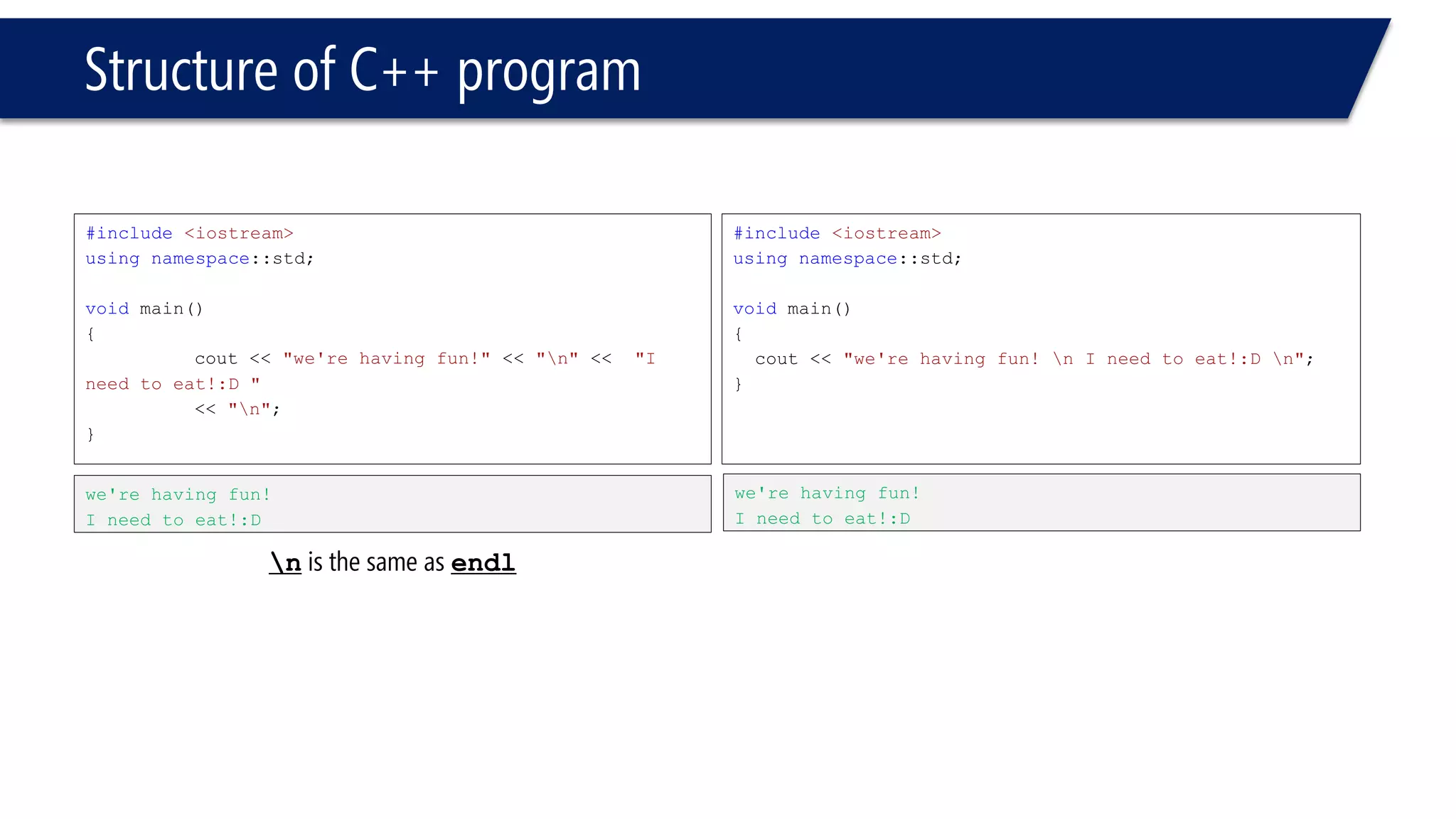 Structure of C++ program 
#include<iostream> 
usingnamespace::std; 
voidmain() 
{ 
cout<< "we're having fun!"<< "n"<< "I need to eat!:D " 
<< "n"; 
} 
#include<iostream> 
usingnamespace::std; 
voidmain() 
{ 
cout<< "we're having fun! n I need to eat!:D n"; 
} 
we're having fun! 
I need to eat!:D 
we're having fun! 
I need to eat!:D nis the same as endl  