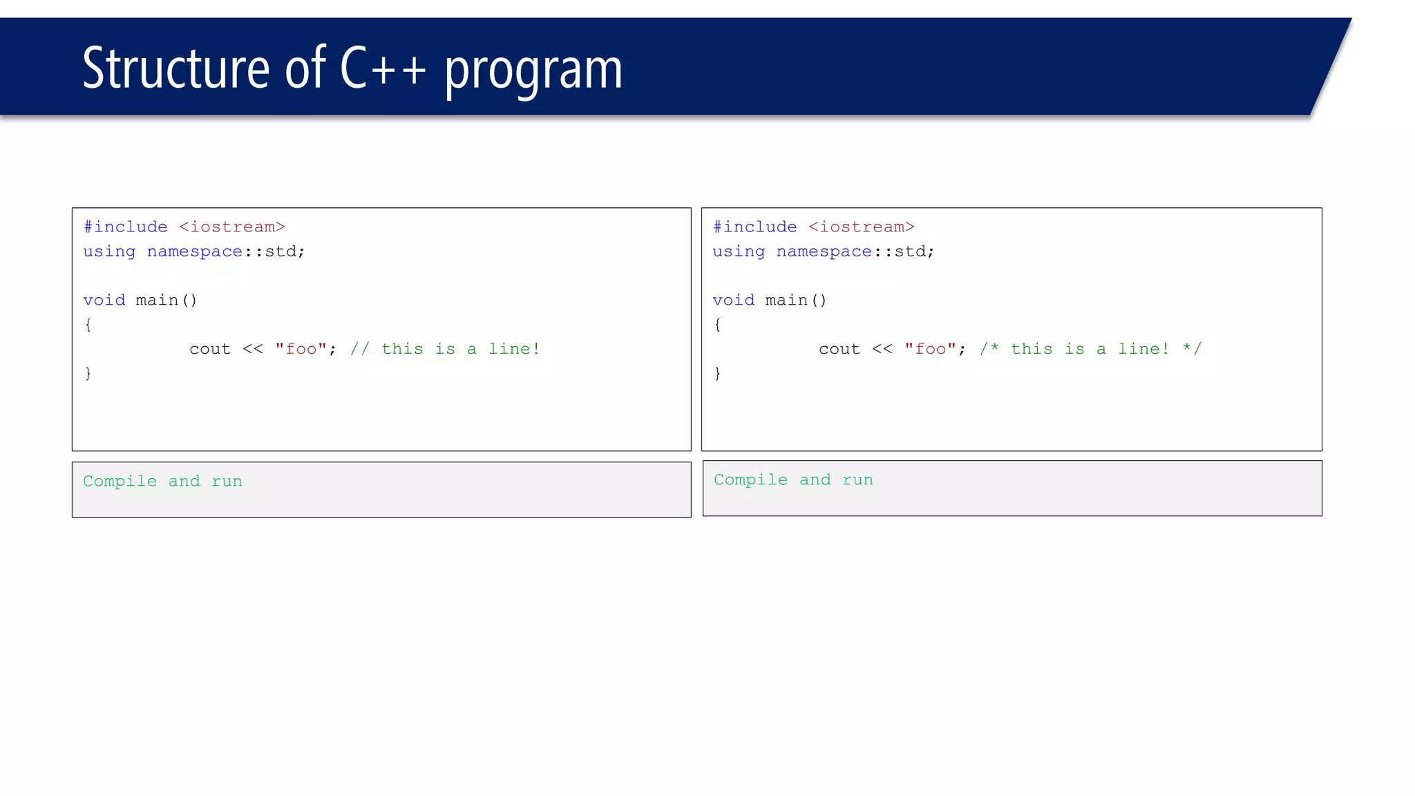 Structure of C++ program 
#include<iostream> 
usingnamespace::std; 
voidmain() 
{ 
cout<< "foo"; // this is a line! 
} 
#include<iostream> 
usingnamespace::std; 
voidmain() 
{ 
cout<< "foo"; /* this is a line! */ 
} 
Compile and run 
Compile and run  