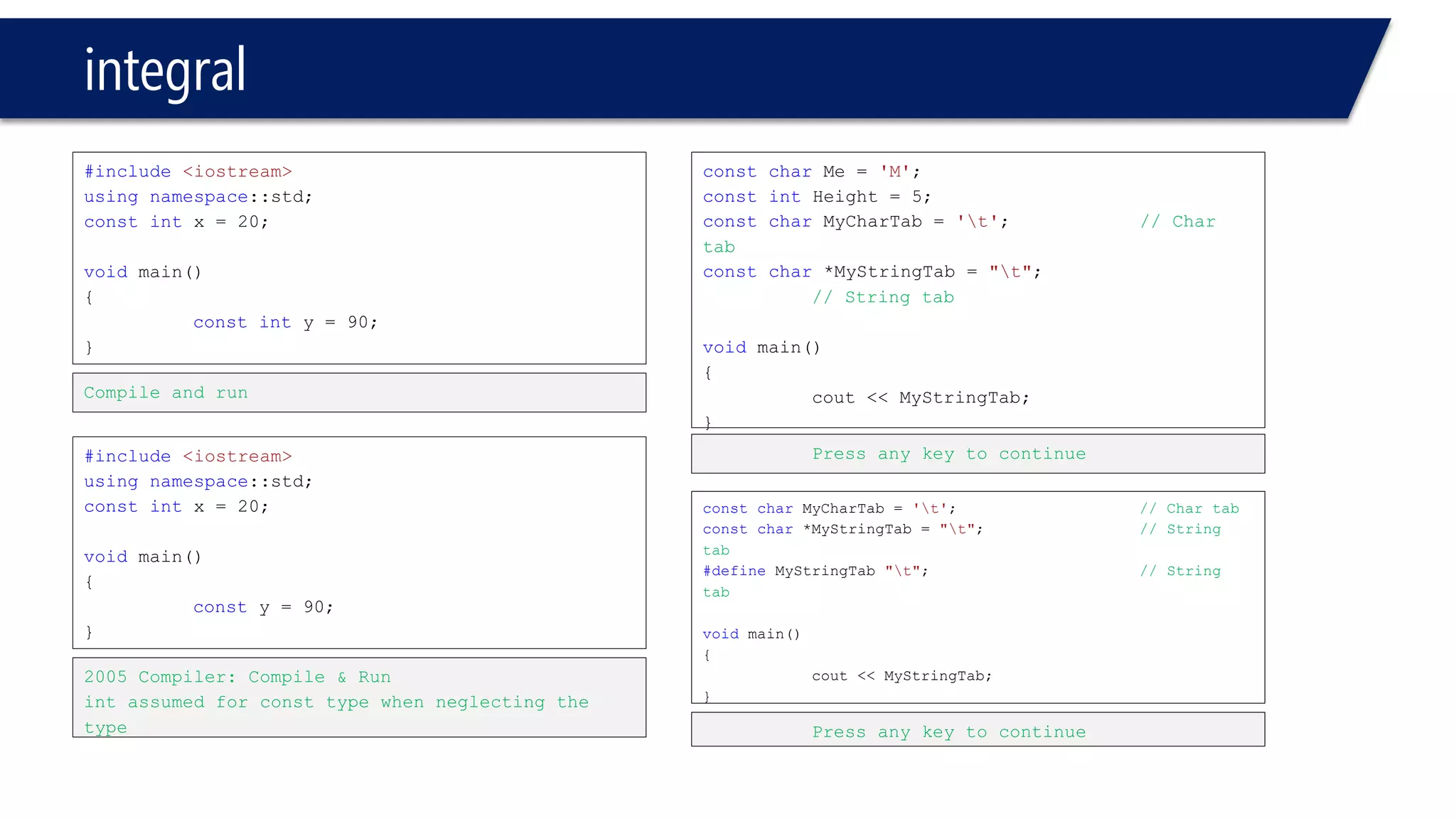 integral 
#include<iostream> 
usingnamespace::std; 
constintx = 20; 
voidmain() 
{ 
constinty = 90; 
} 
Compile and run 
#include<iostream> 
usingnamespace::std; 
constintx = 20; 
voidmain() 
{ 
consty = 90; 
} 
2005 Compiler: Compile & Run 
intassumed for consttype when neglecting the type 
constcharMe = 'M'; 
constintHeight = 5; 
constcharMyCharTab= 't';// Char tab 
constchar*MyStringTab= "t"; // String tab 
voidmain() 
{ 
cout<< MyStringTab; 
} 
Press any key to continue 
constcharMyCharTab= 't';// Char tab 
constchar*MyStringTab= "t";// String tab 
#defineMyStringTab"t"; // String tab 
voidmain() 
{ 
cout<< MyStringTab; 
} 
Press any key to continue  