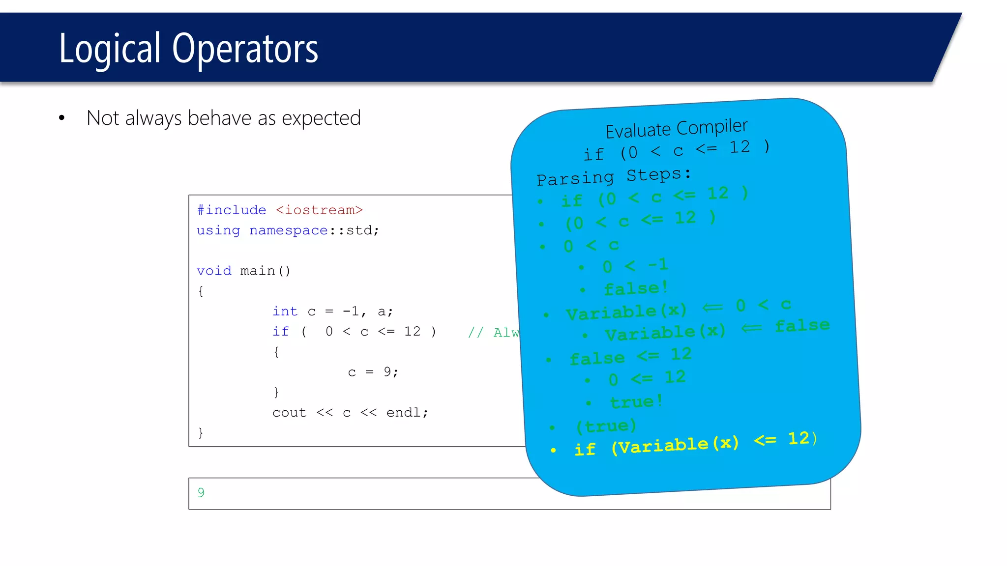 Conditional Operator? 
•Condition? Result1: Result2 
•Condition 
–If True 
•Result1 
–Else // condition is false 
•Result 2  
