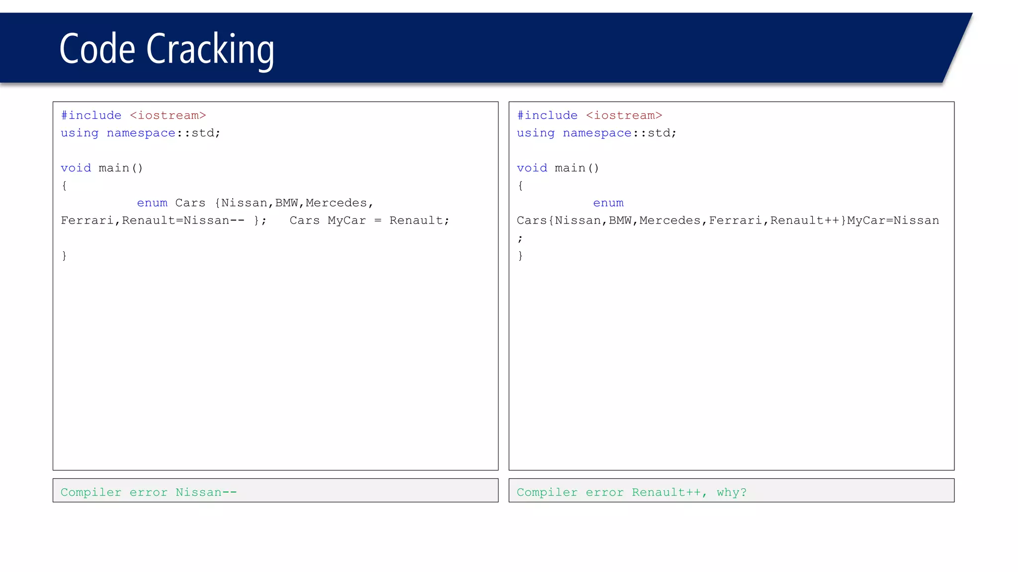 Code Cracking 
#include<iostream> 
usingnamespace::std; 
voidmain() 
{ 
intc = 1, a = 0; 
if((a = 3) > 2 ) 
{ 
c = 9; 
} 
cout<< c << endl; 
} 
9 
#include<iostream> 
usingnamespace::std; 
constx = 20; 
voidmain() 
{ 
} 
2008 Compiler: Compiler error no default intsupported 
2005 Compiler: Compile & Run Intassumed  