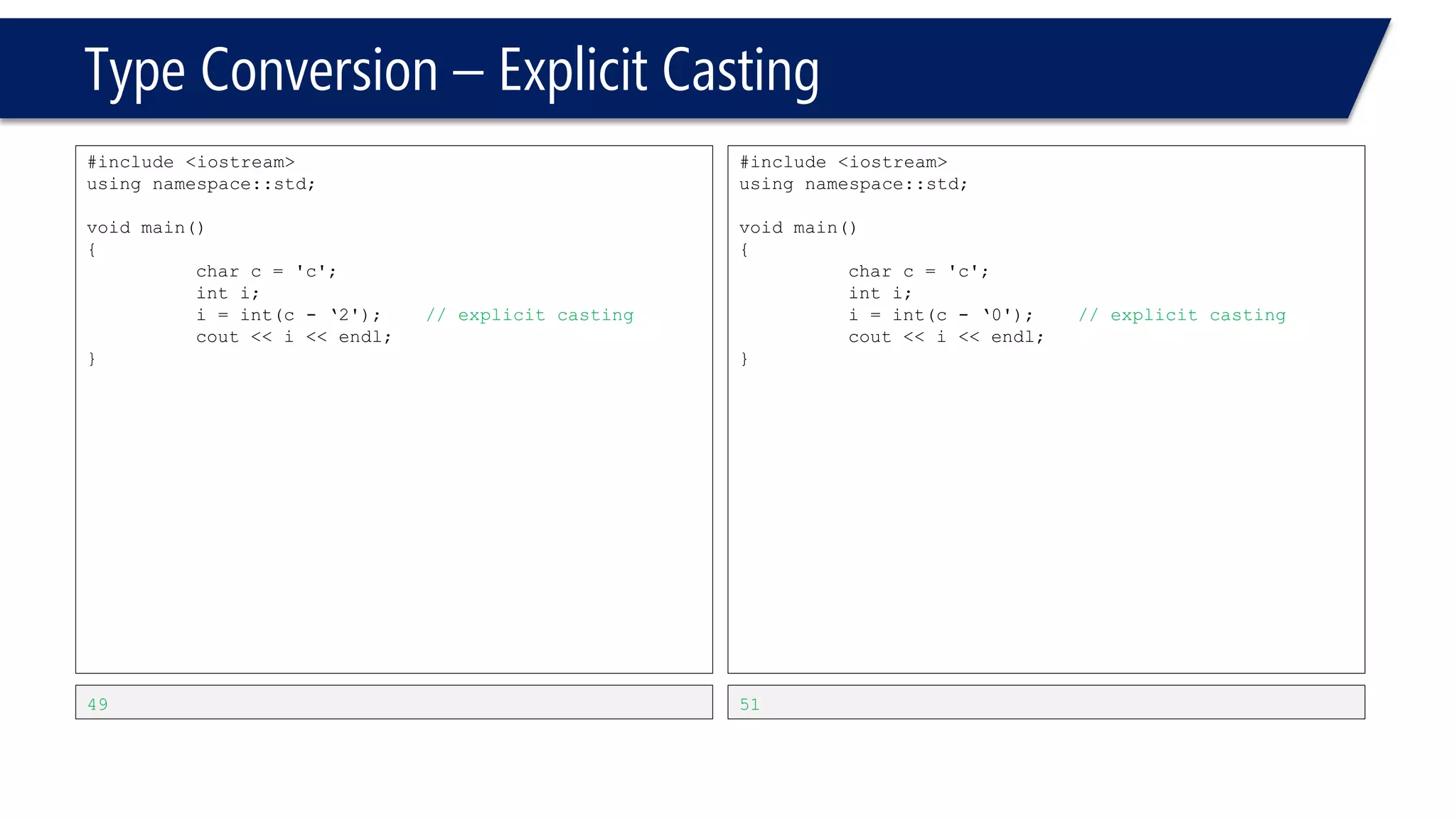 Type Conversion –Explicit Casting 
•Types of explicating Casting 
–static_cast 
–dynamic_cast 
–const_cast 
–reinterpret_cast  
