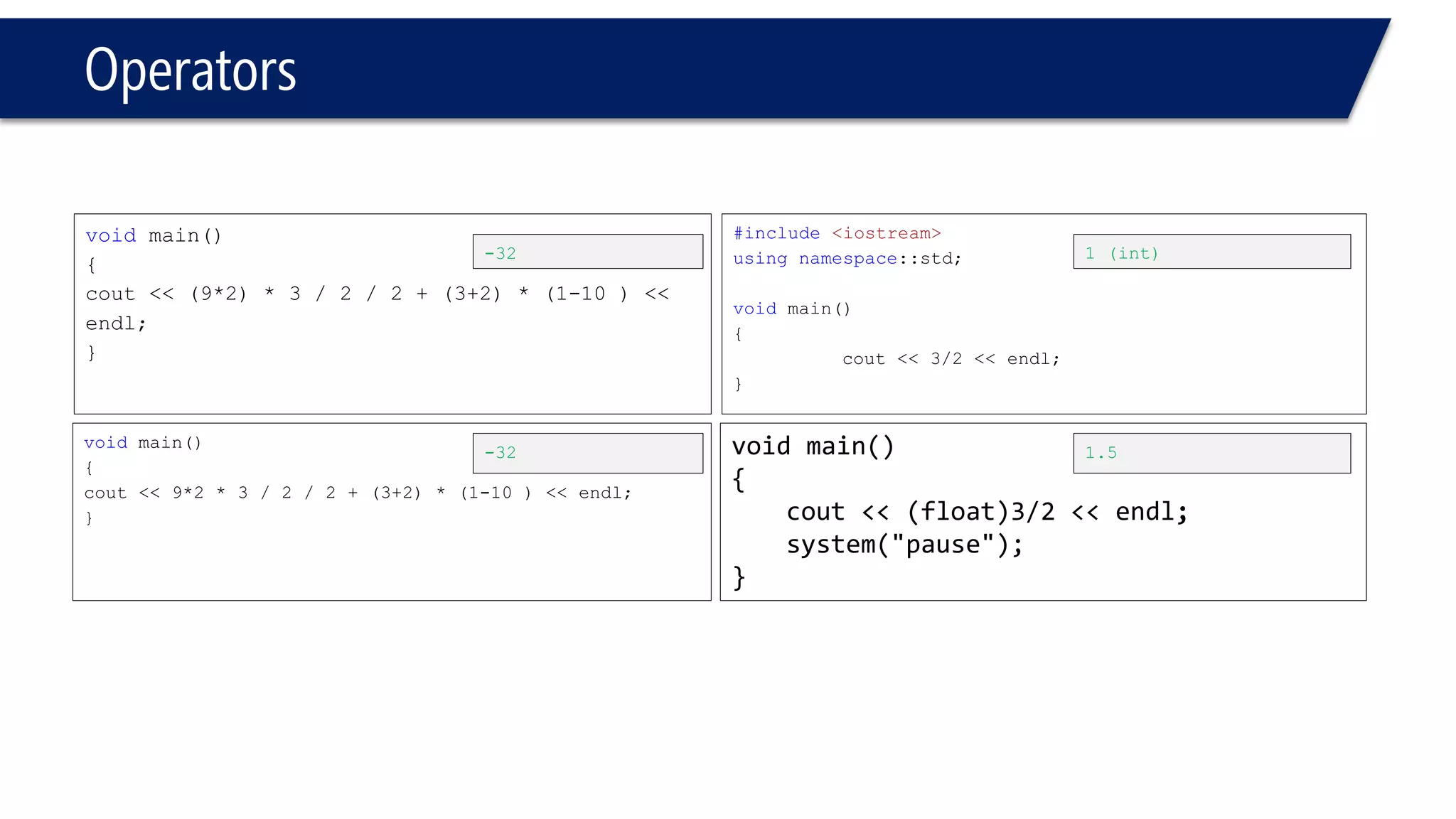 Operators 
•Special Case: 
–When incrementing “+” or decrementing “-” by 1 
•All are the same: 
b = b + 1; 
b += 1; 
b++;  